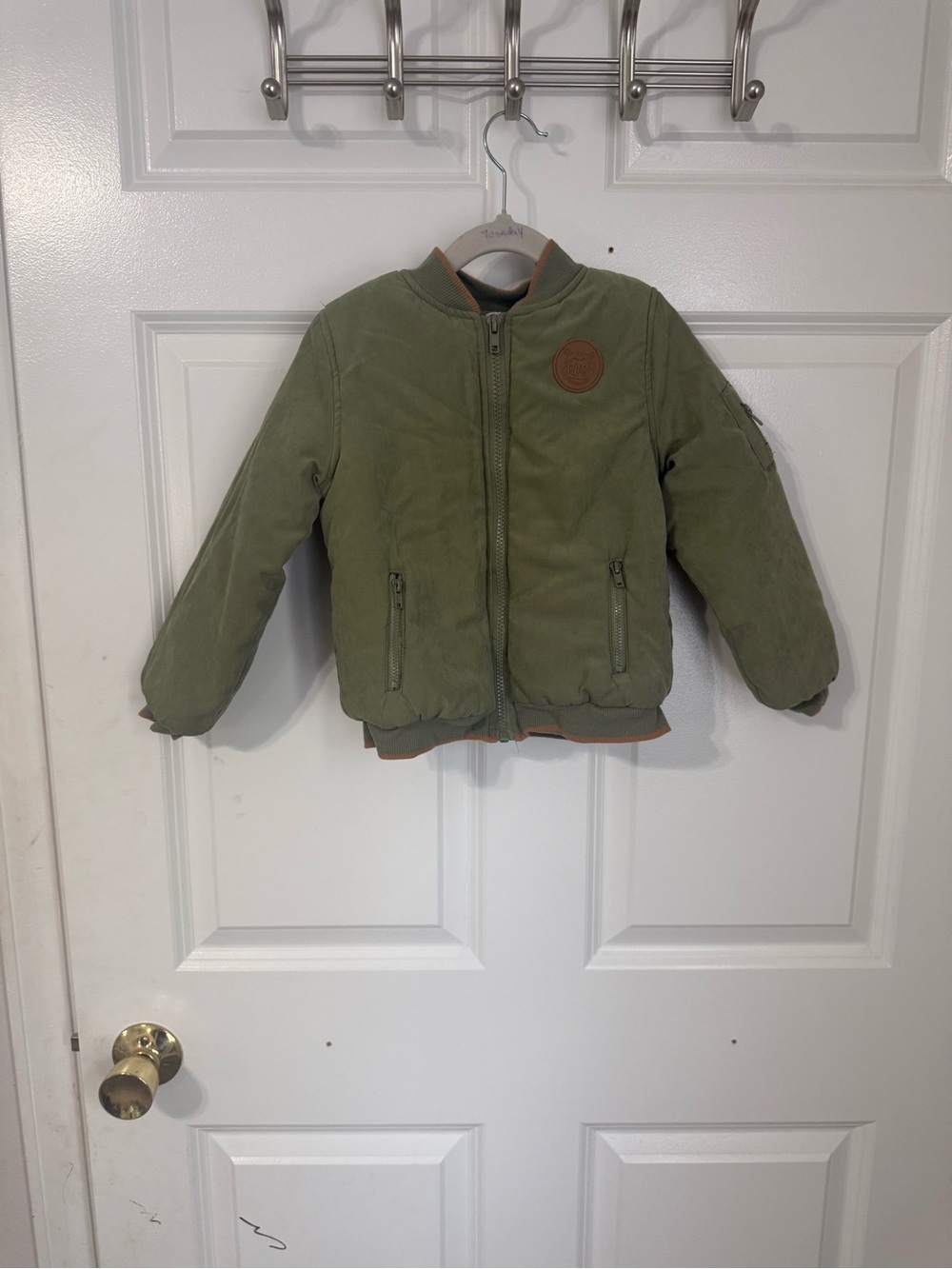 Kids Olive Green Puffer Bomber Jacket with Patch